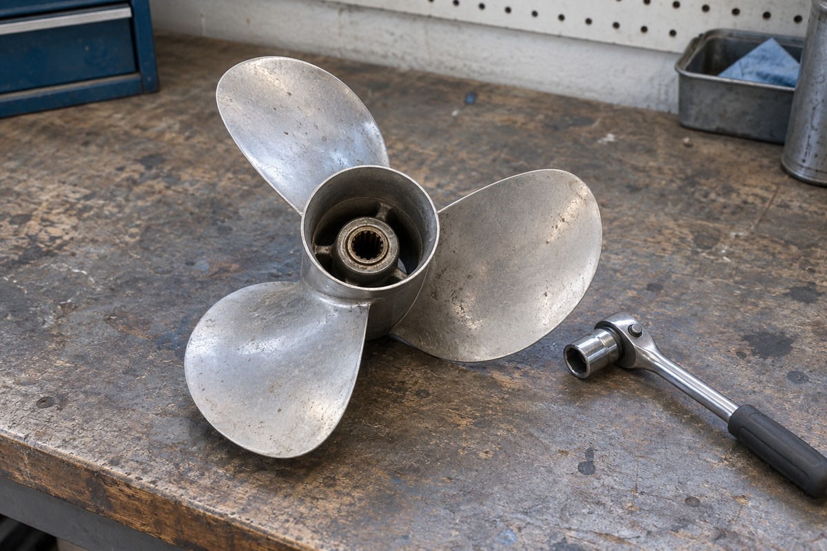 Three-blade metal boat propeller on a workshop bench beside a socket wrench.